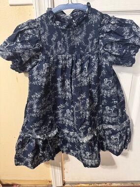 Janie and Jack Navy Blue Floral Horse Print Puff Sleeve Dress